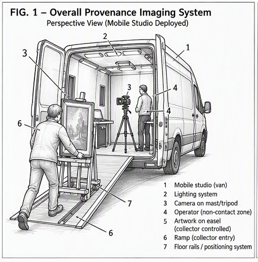 Figure 1 — Overall Provenance Imaging System, perspective view of the mobile studio deployed, with numbered parts: 1 mobile studio (van), 2 lighting system, 3 camera on mast/tripod, 4 operator in the non-contact zone, 5 artwork on easel (collector controlled), 6 ramp (collector entry), 7 floor rails / positioning system.
